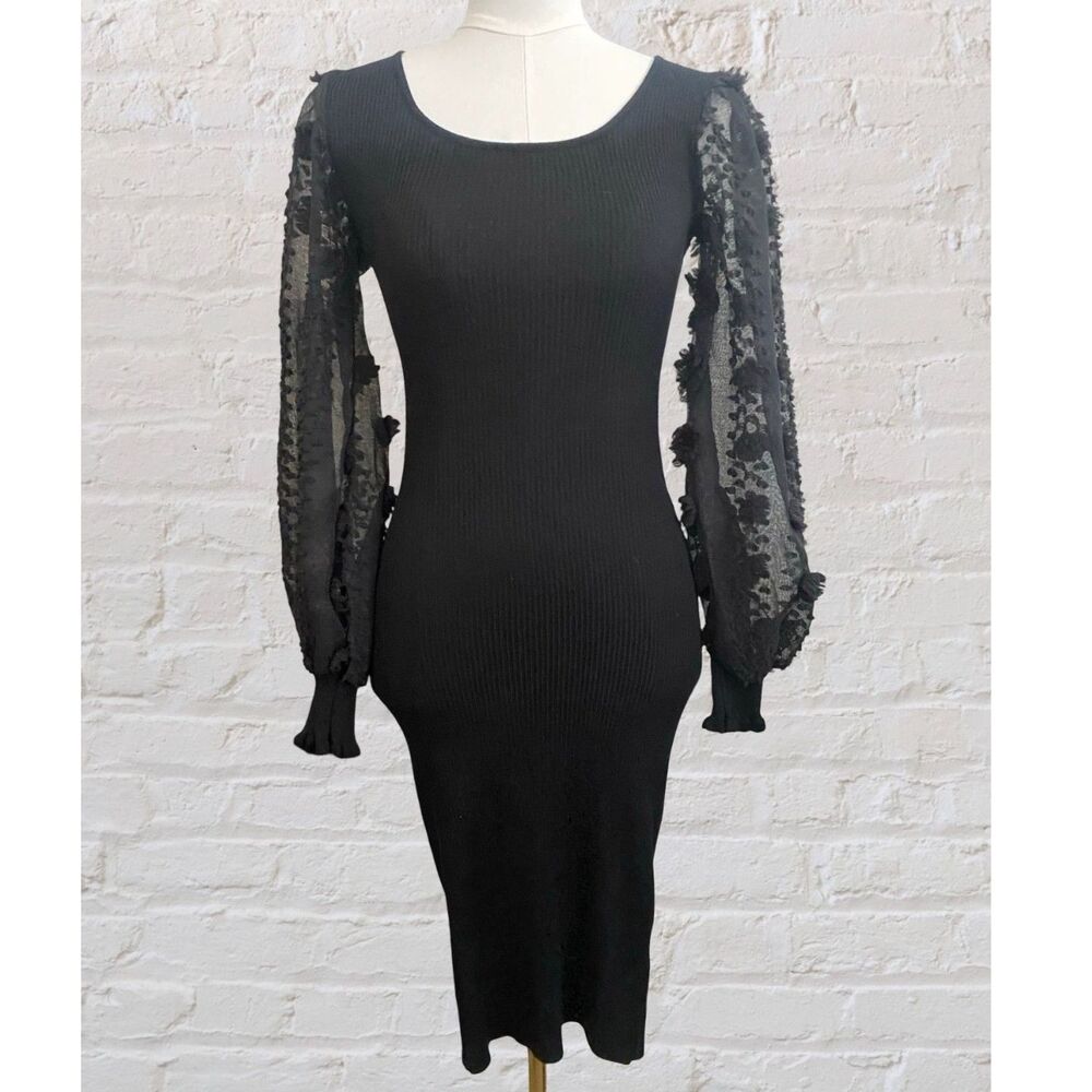 Almost Famous Black Ribbed Dress S Sheer Lace Floral Puff Sleeve Whimsigoth